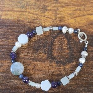 Pearl, Moss Agate, Amethyst, and Quartz Bracelet